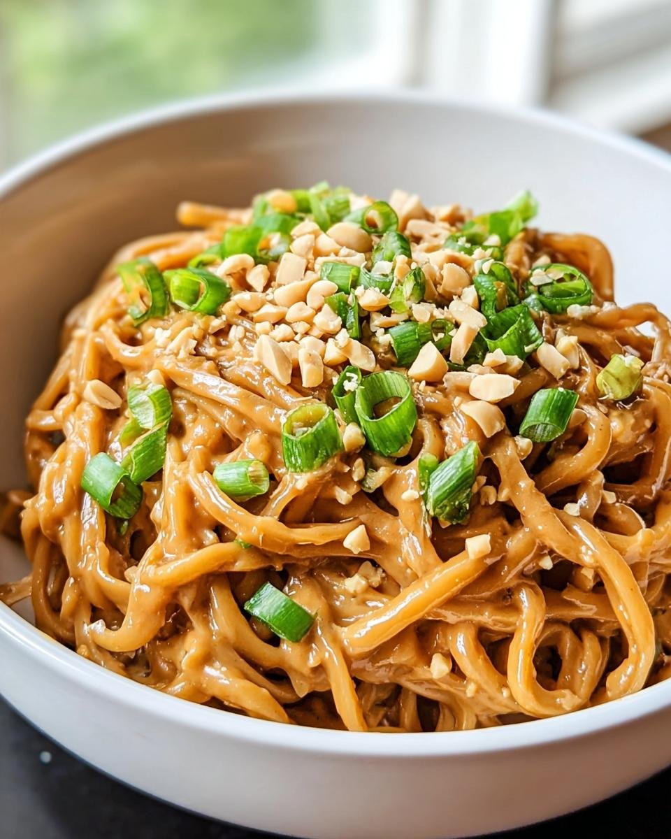 Nahaufnahme von cremigen Asia-Erdnuss-Nudeln mit Gemüse, garniert mit gehackten Erdnüssen und Frühlingszwiebeln.