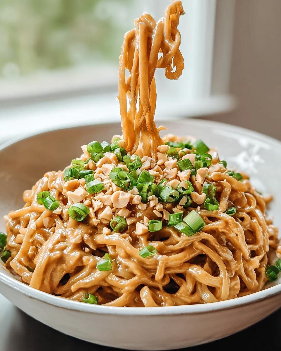 Ein Löffel Asia-Erdnuss-Nudeln mit Gemüse wird aus einer weißen Schüssel gezogen, garniert mit gehackten Erdnüssen und Frühlingszwiebeln.