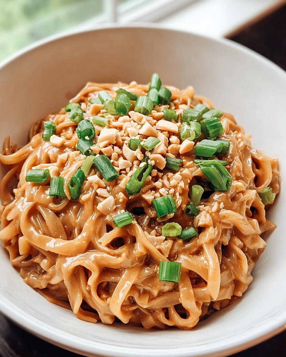 Eine Nahaufnahme von Asia-Erdnuss-Nudeln mit Gemüse in einer weißen Schüssel, garniert mit gehackten Erdnüssen und Frühlingszwiebeln.