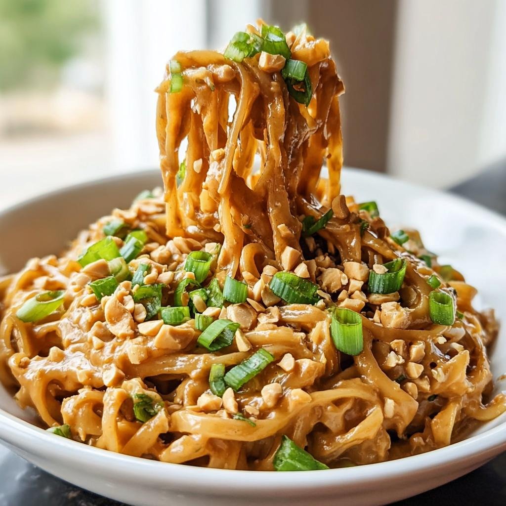 Eine Gabel voller cremiger Asia-Erdnuss-Nudeln mit Gemüse, garniert mit gehackten Erdnüssen und Frühlingszwiebeln.