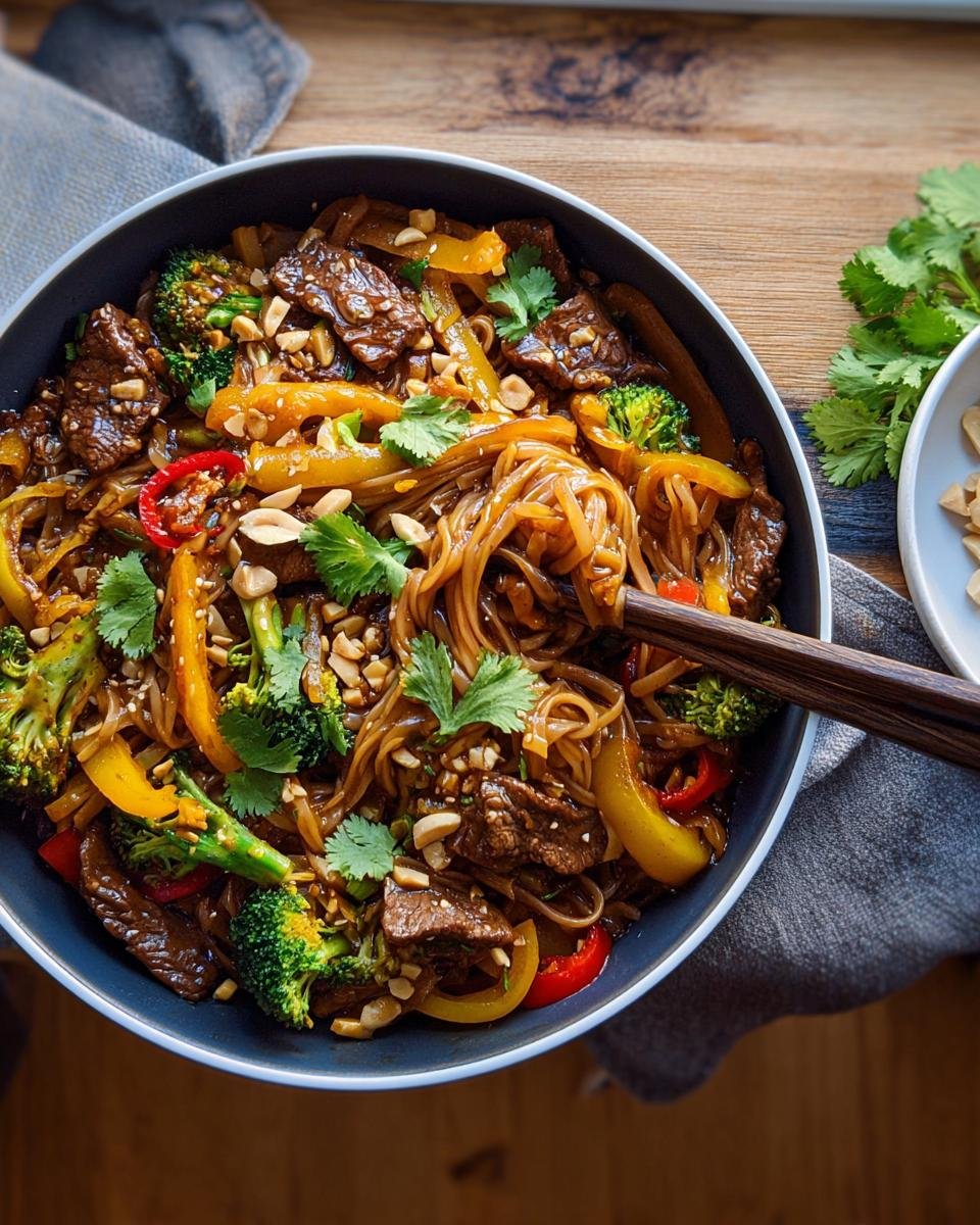 Nahaufnahme einer Schüssel Asiatische Nudelpfanne mit Teriyaki-Gemüse, Rindfleischstücken, Brokkoli und gehackten Erdnüssen.