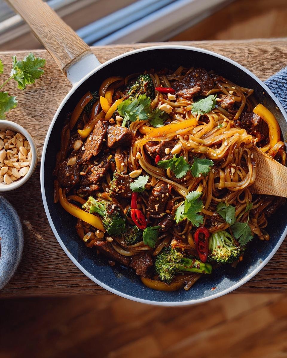 Fertige Asiatische Nudelpfanne mit Teriyaki-Gemüse, Rindfleisch und Koriander in einer dunklen Pfanne.