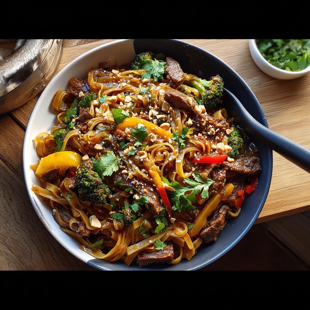 Nahaufnahme einer Schüssel Asiatische Nudelpfanne mit Teriyaki-Gemüse, Rindfleischstreifen, Brokkoli und Erdnüssen.