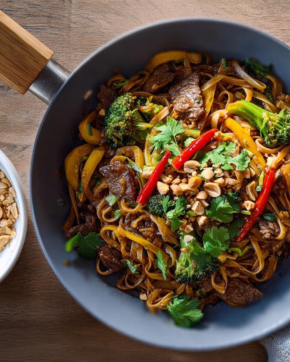 Eine dampfende Asiatische Nudelpfanne mit Teriyaki-Gemüse, Rindfleischstreifen und Brokkoli, garniert mit Erdnüssen.