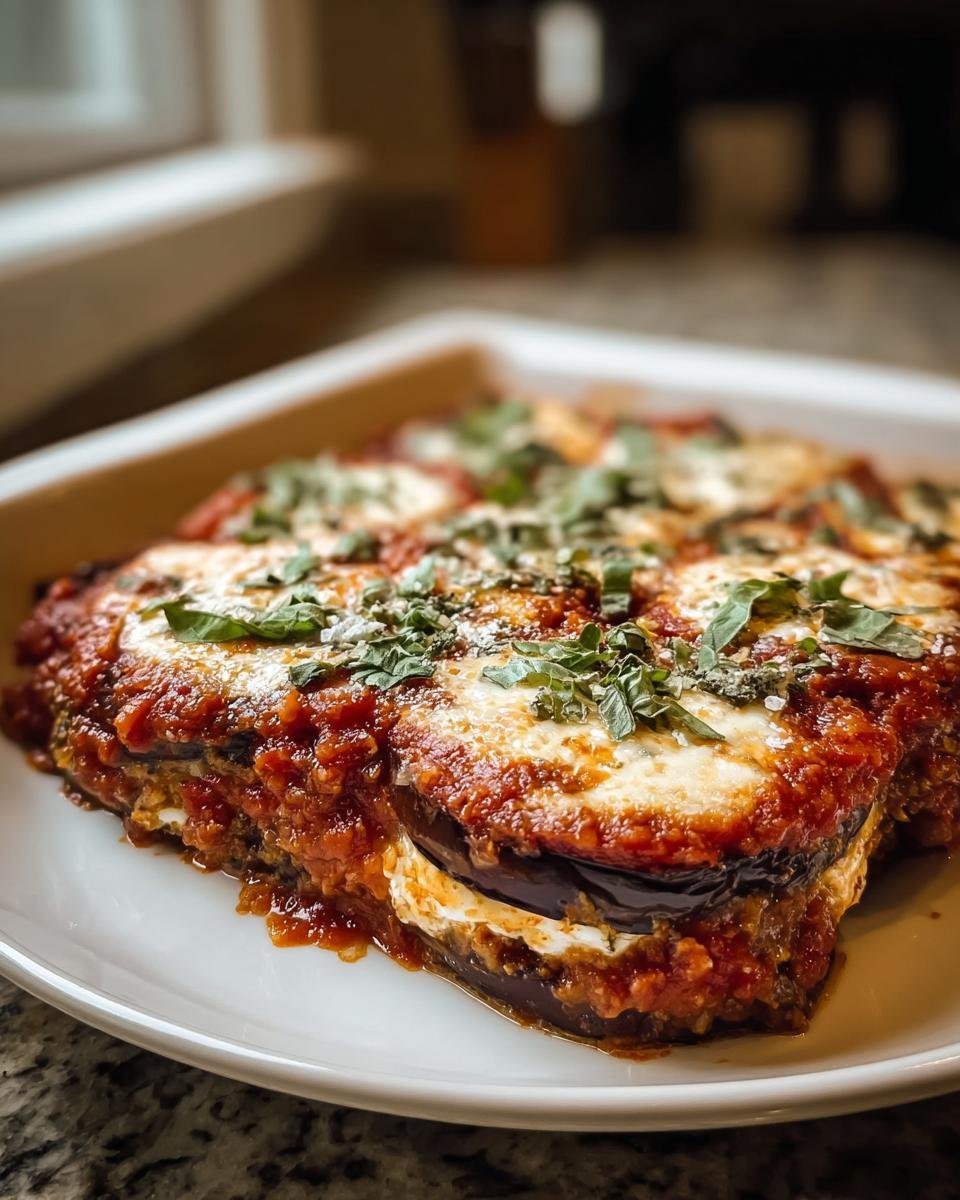 Ein appetitlicher Anschnitt von Auberginen-Parmesan aus dem Ofen mit geschmolzenem Käse und Basilikum.