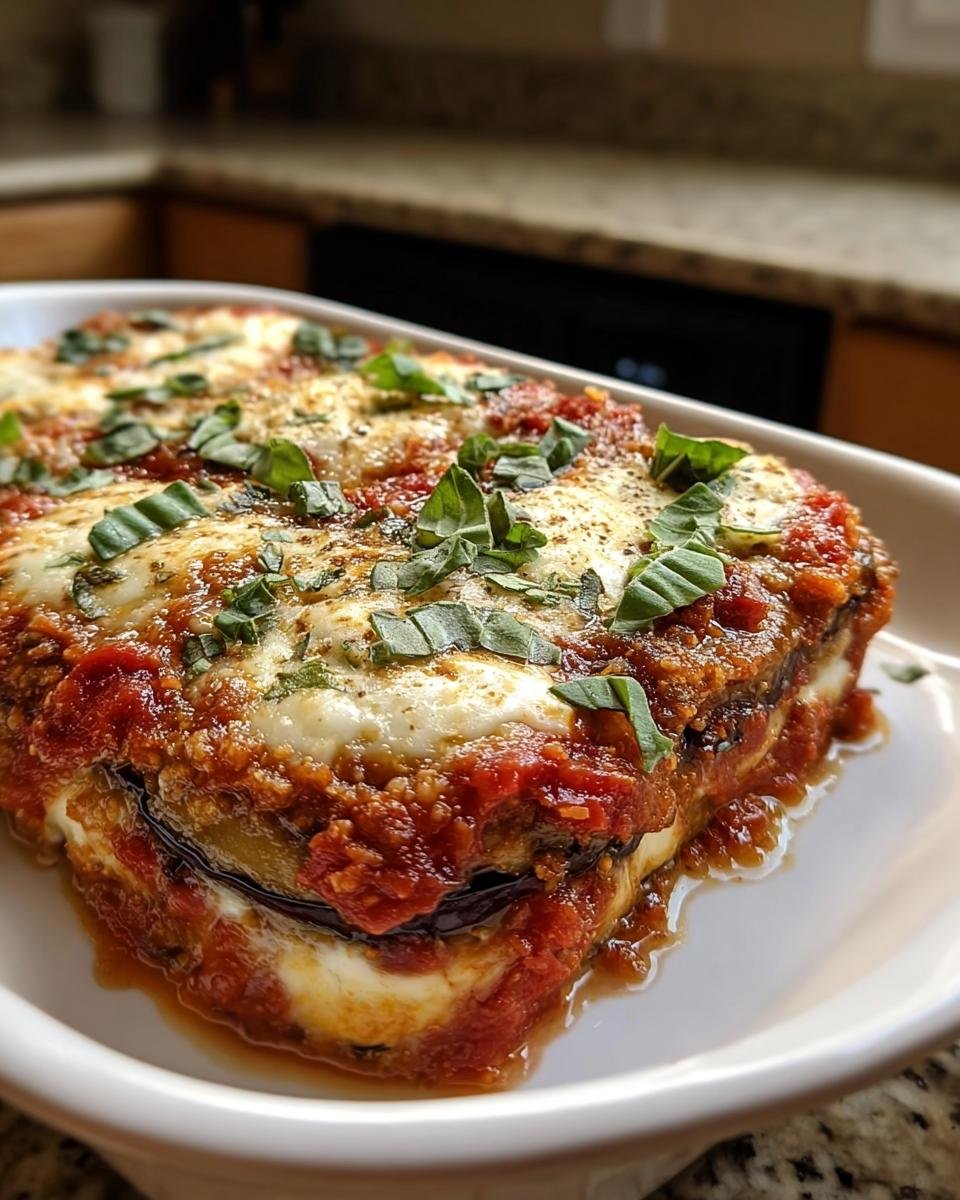 Ein Stück gebackener Auberginen-Parmesan aus dem Ofen mit geschmolzenem Käse, Tomatensauce und frischem Basilikum.