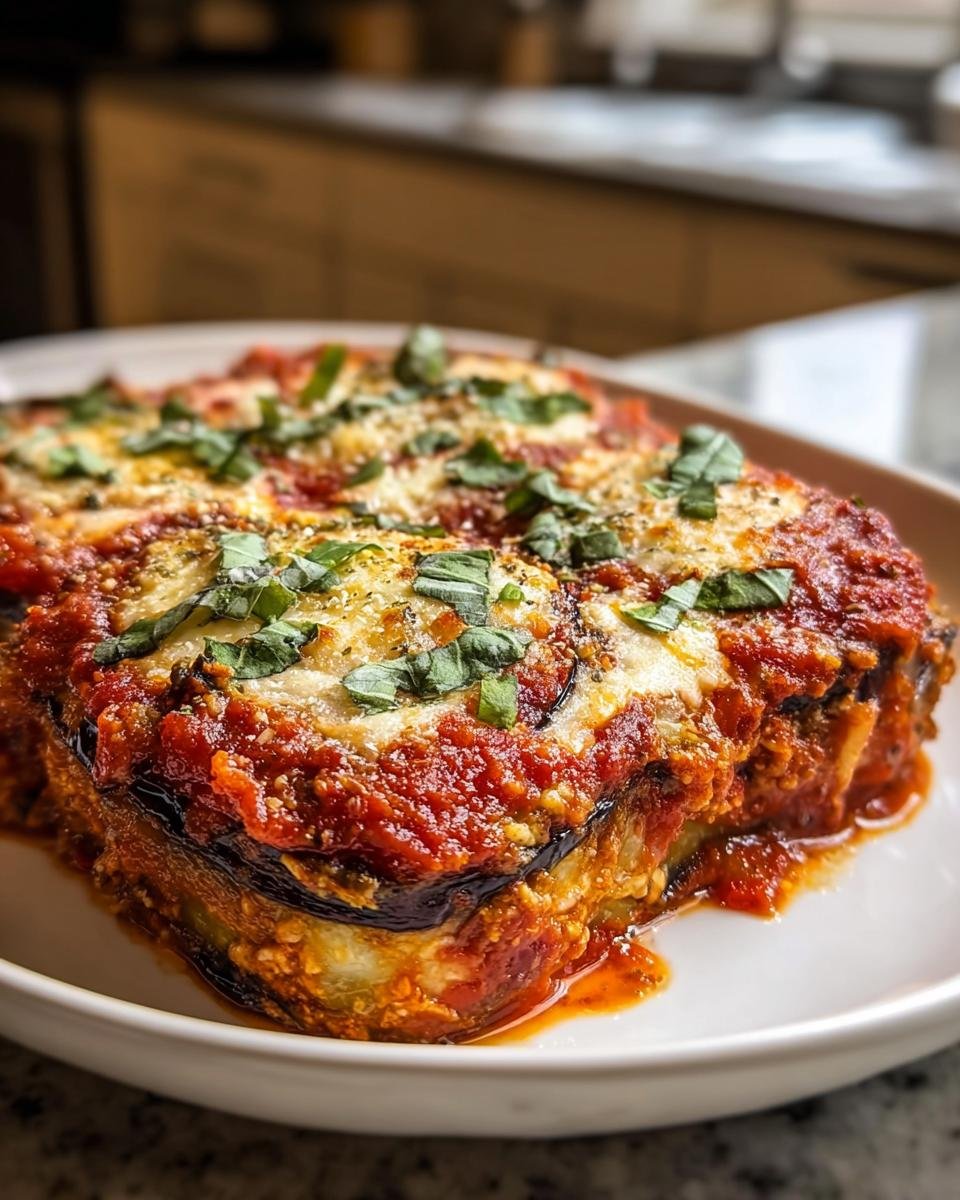 Ein saftiges Stück Auberginen-Parmesan aus dem Ofen, bedeckt mit Tomatensauce, geschmolzenem Käse und frischem Basilikum.
