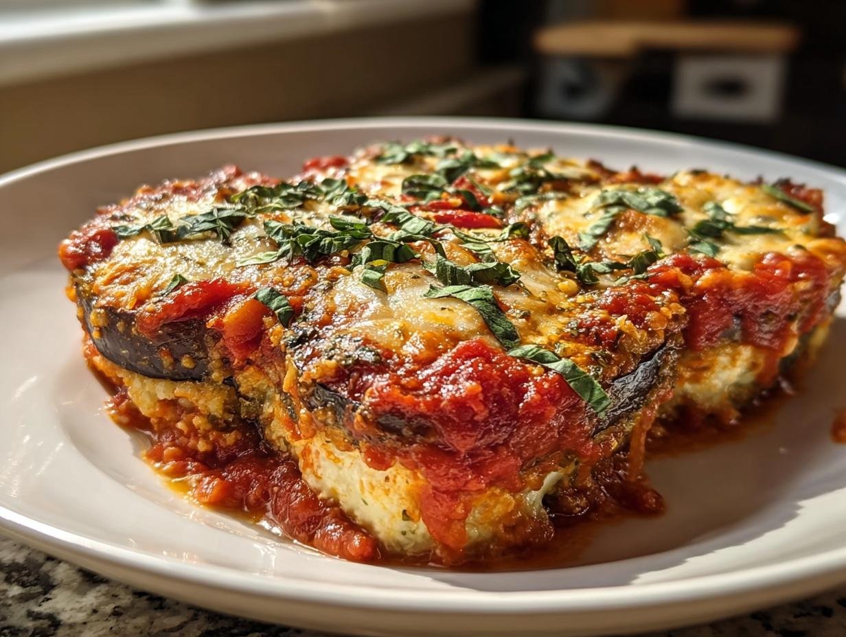 Zwei Portionen Auberginen-Parmesan aus dem Ofen, geschichtet mit Tomatensauce und Käse, garniert mit Basilikum.