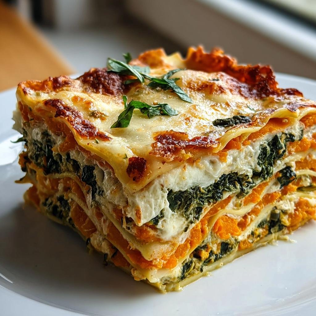Ein appetitlicher Anschnitt der Bunte Gemüse-Lasagne mit Ricotta & Spinat mit goldbraun gebackener Käsekruste.
