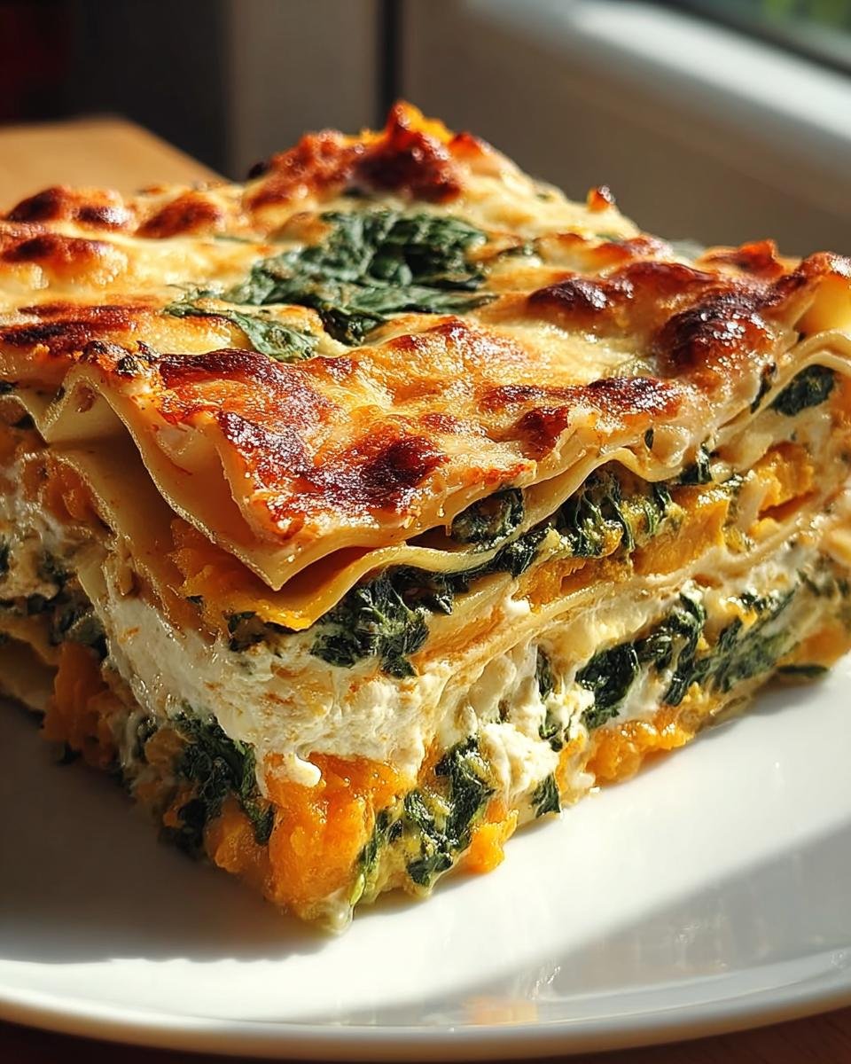 Ein perfekt geschichtetes Stück Bunte Gemüse-Lasagne mit Ricotta und Spinat, goldbraun überbacken.