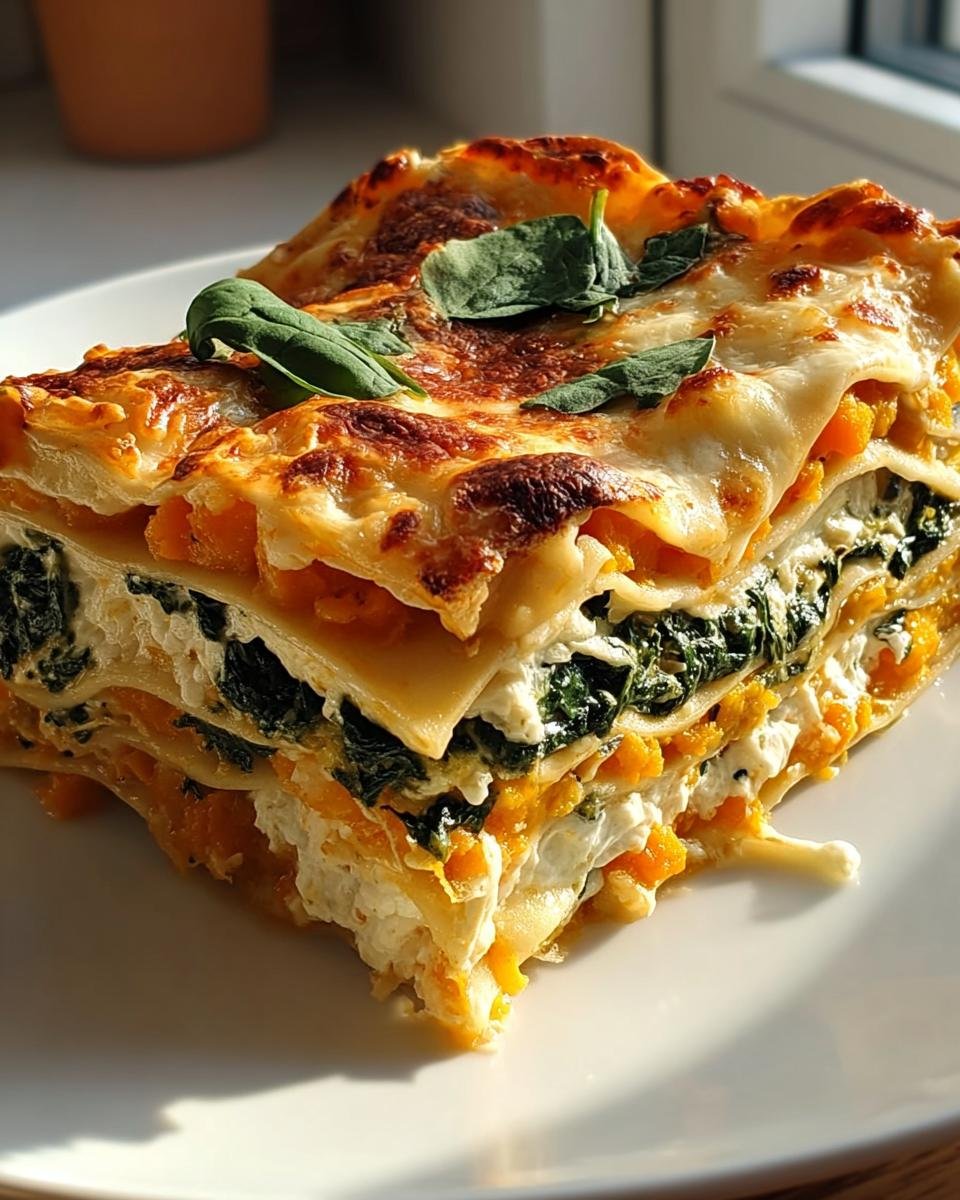 Ein großes Stück Bunte Gemüse-Lasagne mit Ricotta & Spinat mit goldbraun gebackener Käsekruste.