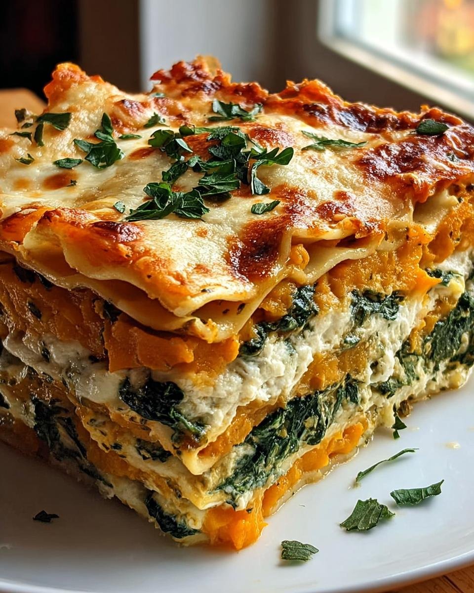 Ein großes Stück Bunte Gemüse-Lasagne mit Ricotta & Spinat, geschichtet mit Kürbis und überbackenem Käse.