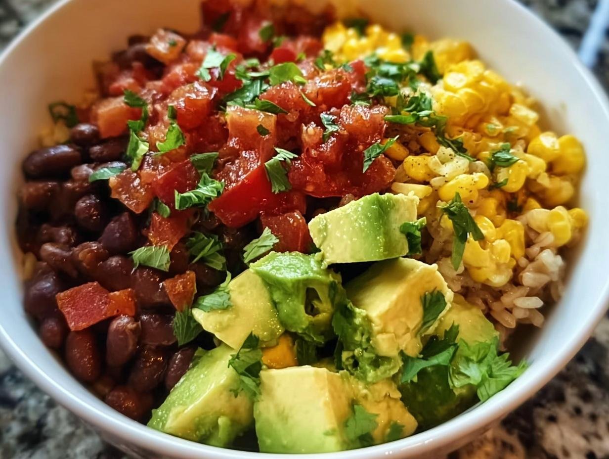Genialer Burrito-Bowl mit Reis, Bohnen & Avocado