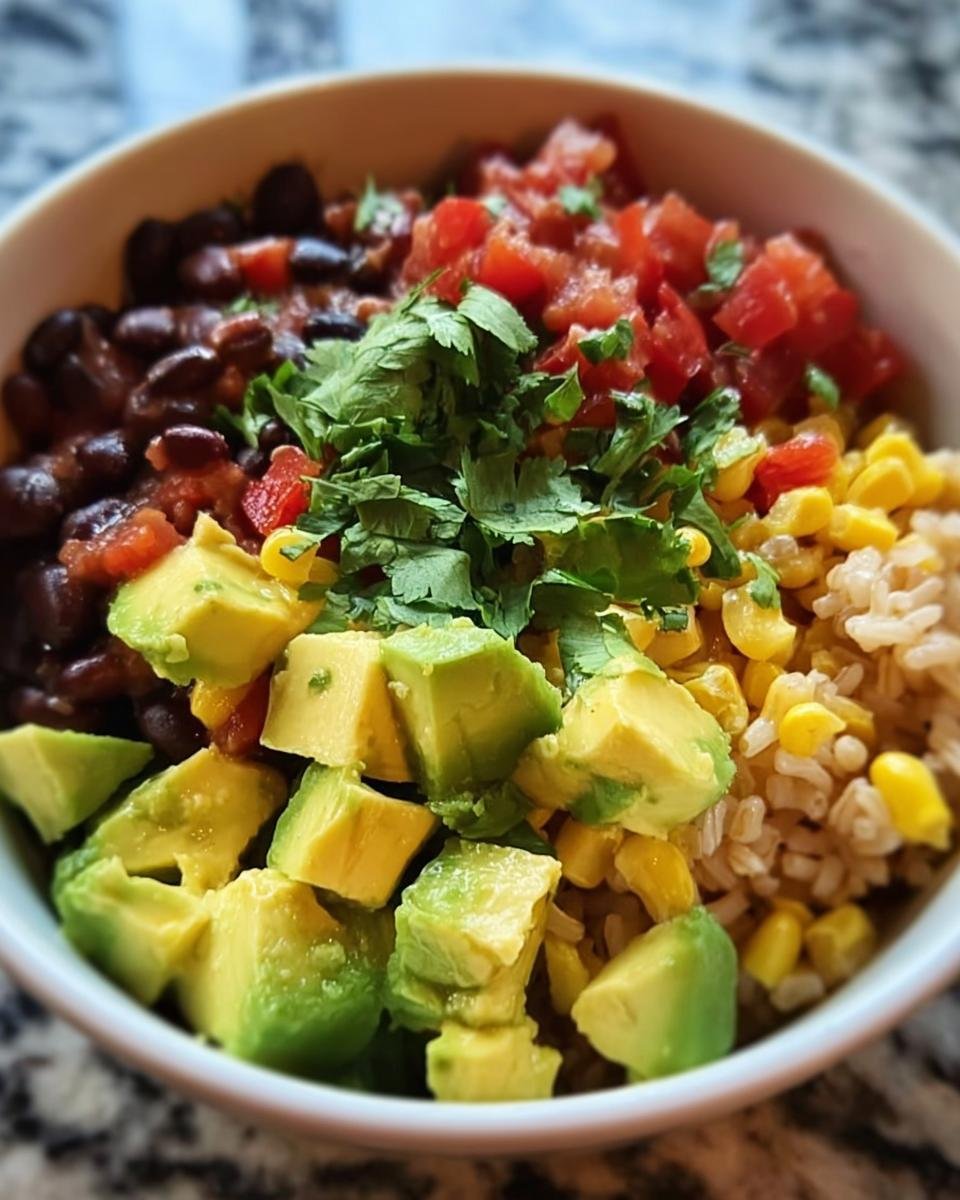 Nahaufnahme eines Burrito-Bowl mit Reis, Bohnen & Avocado, garniert mit Salsa und Koriander.