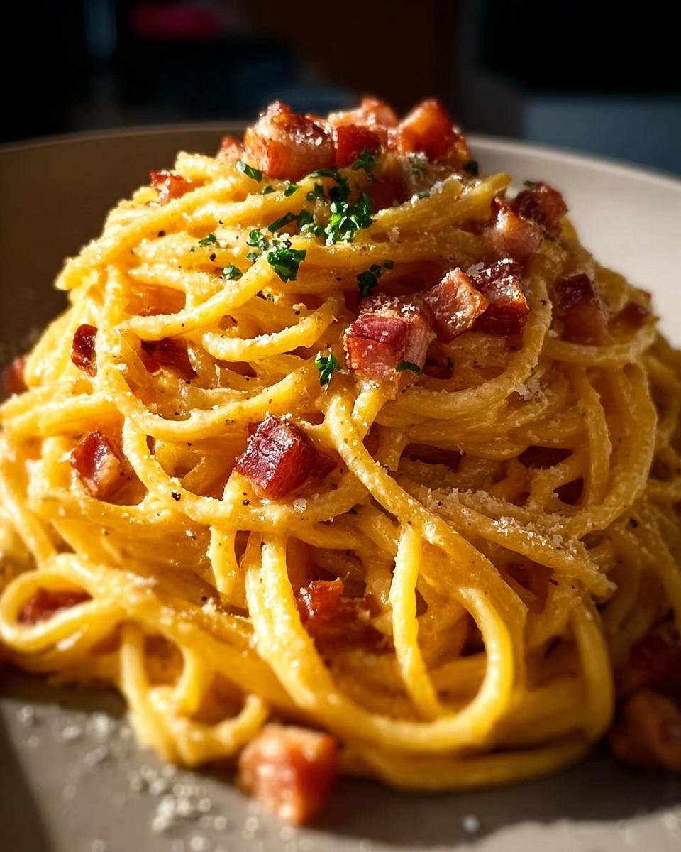 Nahaufnahme von cremiger Spaghetti Carbonara wie beim Italiener, garniert mit knusprigen Speckwürfeln und Parmesan.
