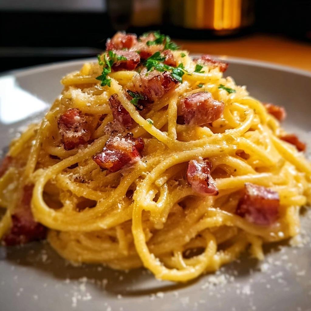 Nahaufnahme von cremiger Carbonara wie beim Italiener, garniert mit knusprigem Speck und Parmesan.