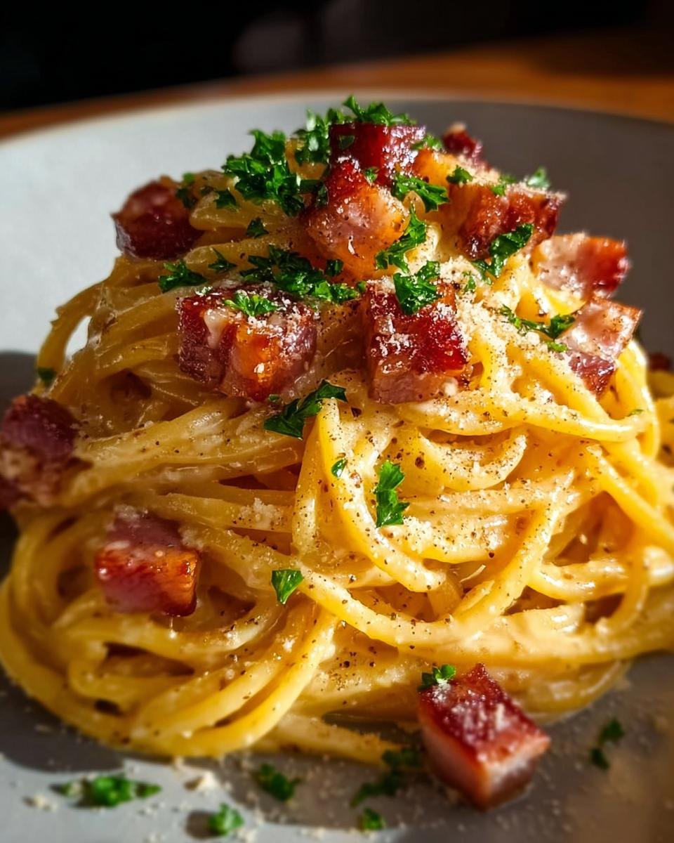 Nahaufnahme von Spaghetti Carbonara wie beim Italiener, garniert mit würfeligem Speck, Parmesan und Petersilie.