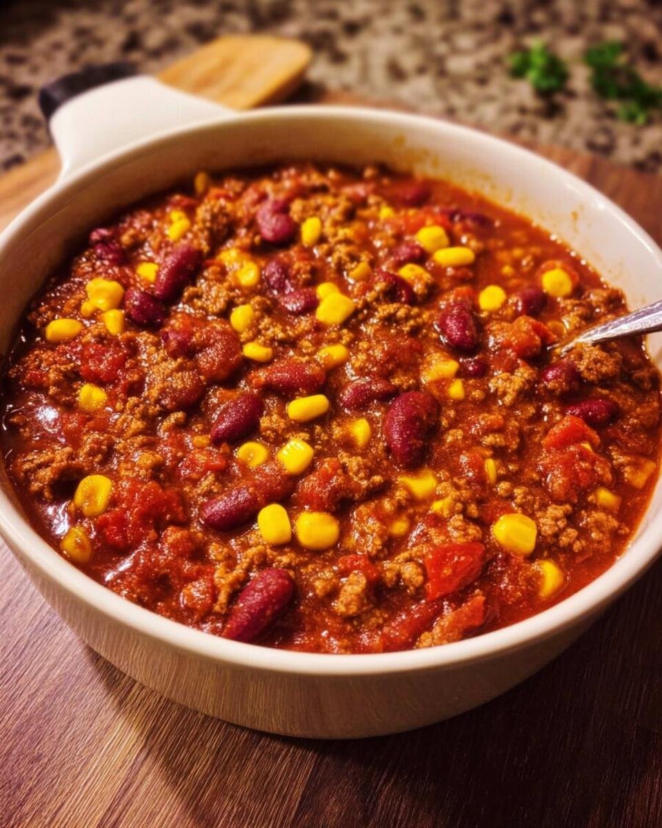 Nahaufnahme von würzigem Chili con Carne nach Hausart mit Hackfleisch, Kidneybohnen und Mais in einer weißen Schale.