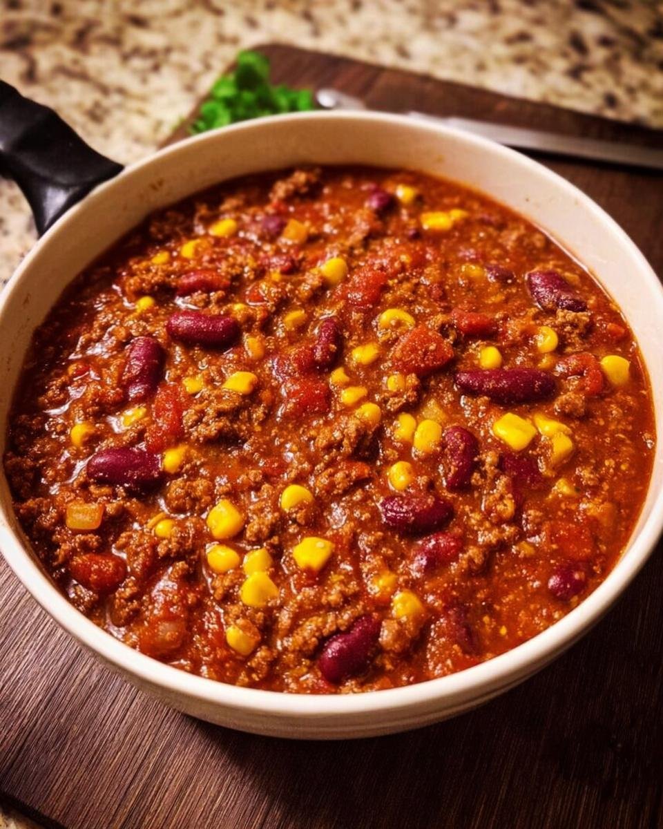 Nahaufnahme von reichhaltigem Chili con Carne nach Hausart mit Hackfleisch, Kidneybohnen und Mais in einer weißen Pfanne.