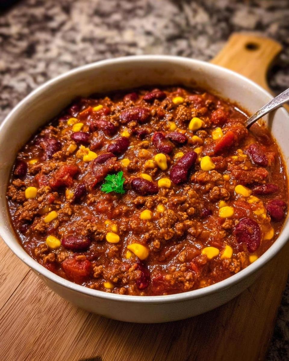 Nahaufnahme von Chili con Carne nach Hausart mit Hackfleisch, Kidneybohnen und Mais in einer weißen Schüssel.