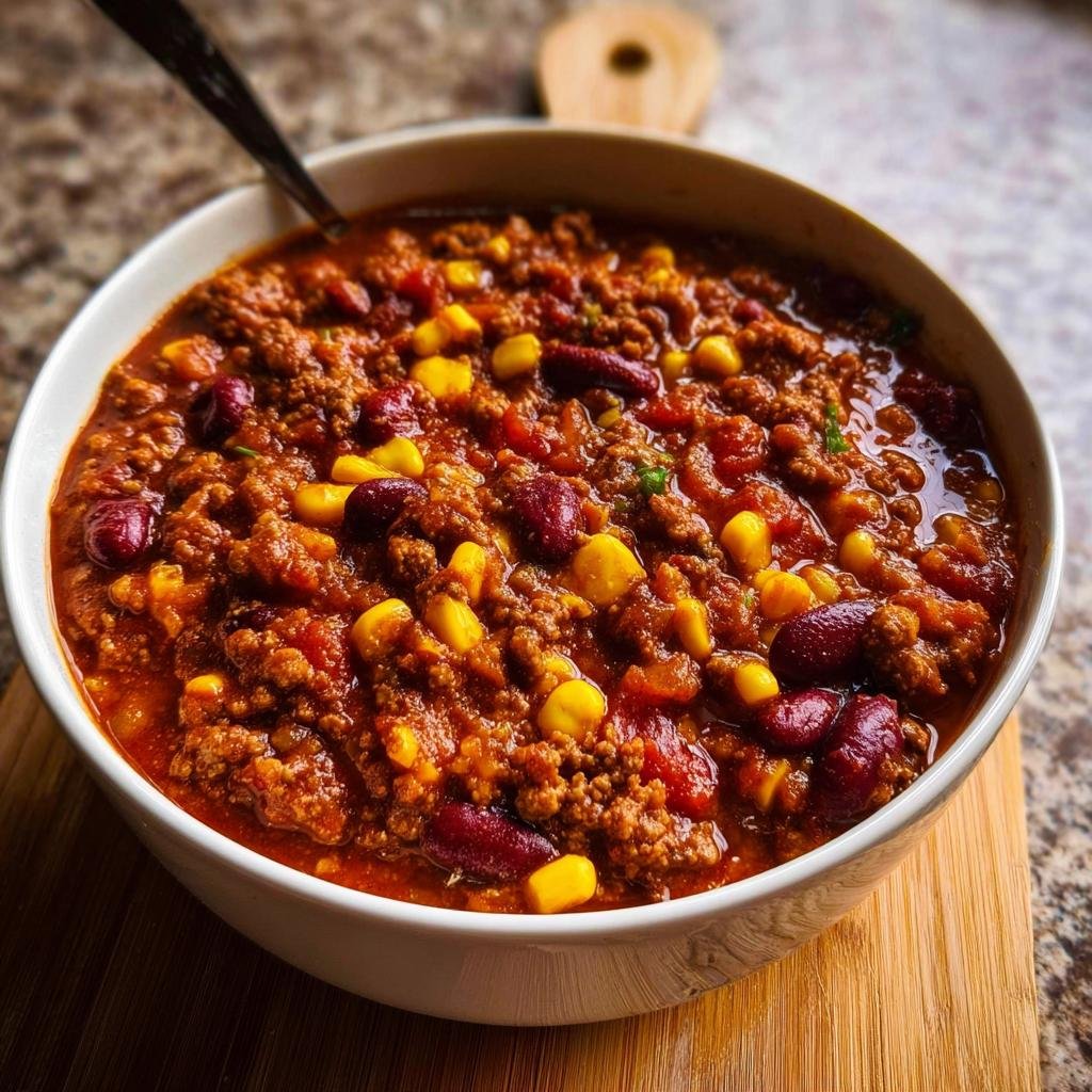 Nahaufnahme einer weißen Schüssel gefüllt mit herzhaftem Chili con Carne nach Hausart, reich an Hackfleisch, Kidneybohnen und Mais.