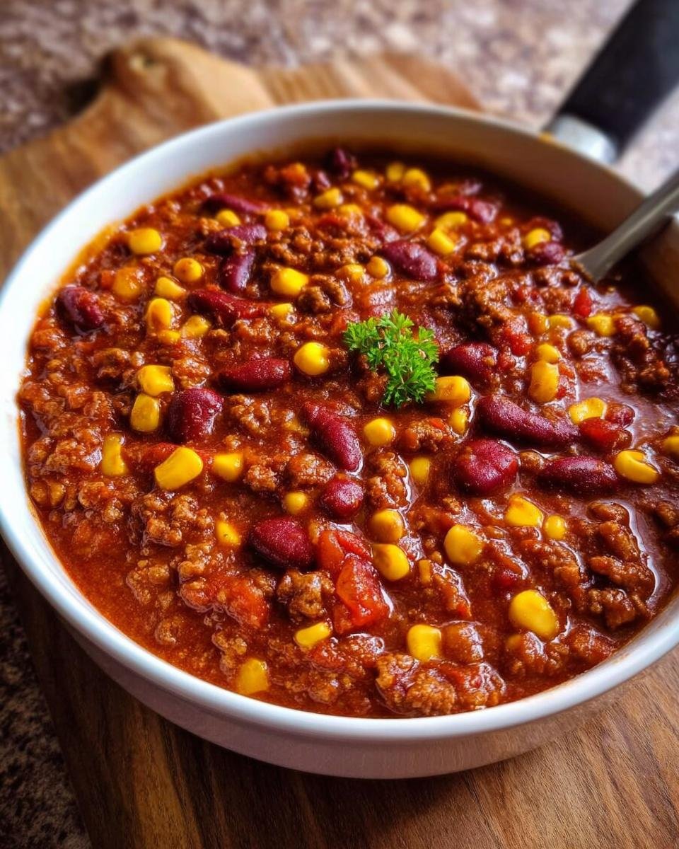 Nahaufnahme von würzigem Chili con Carne nach Hausart mit Hackfleisch, Kidneybohnen und Mais, garniert mit Petersilie.