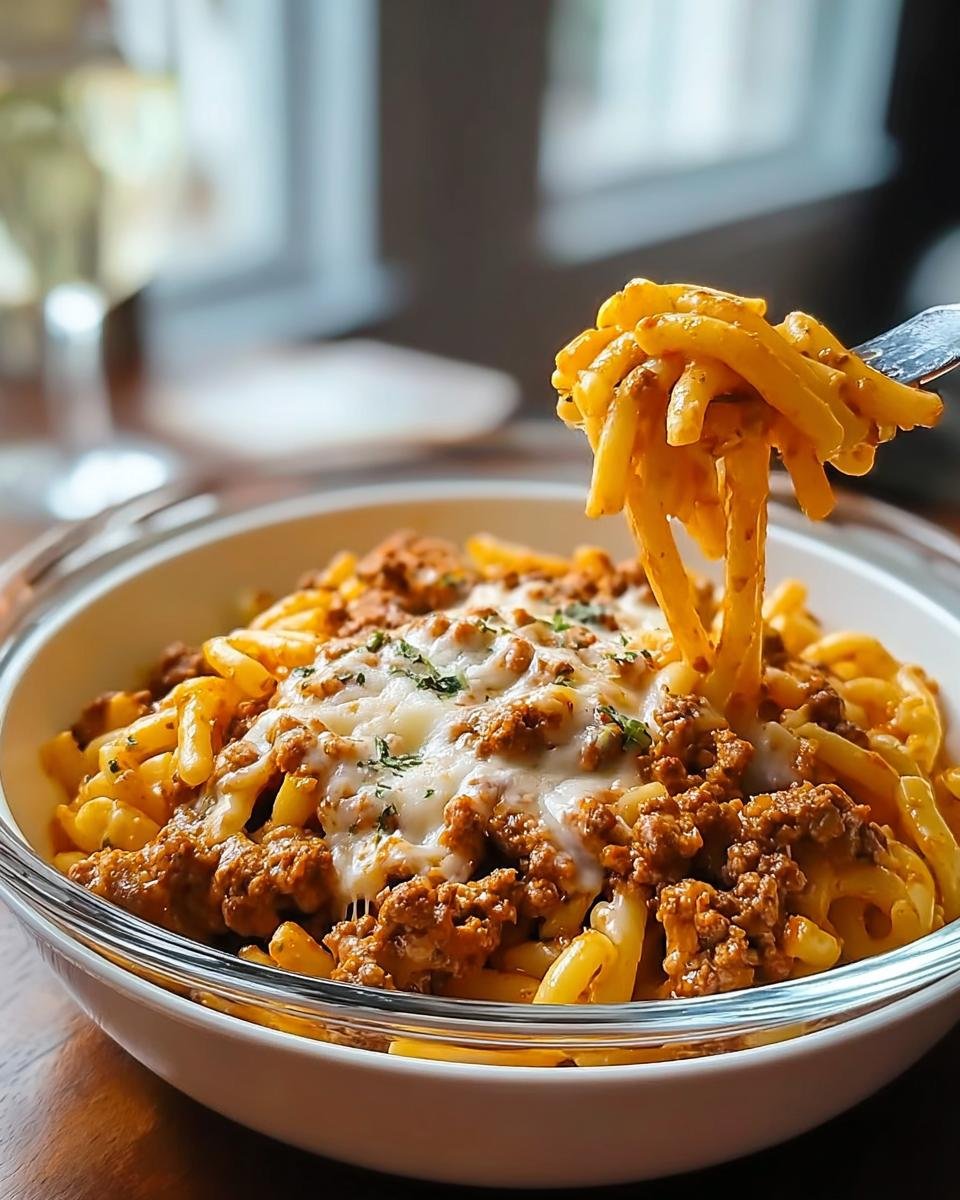 Gabel hebt Nudeln aus einer Cremige Hackfleisch-Nudelpfanne mit Hackfleischsauce und geschmolzenem Käse.