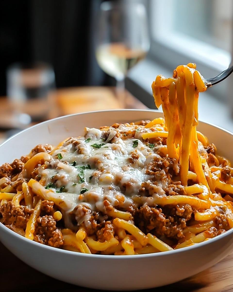 Eine Portion Cremige Hackfleisch-Nudelpfanne mit viel Hackfleischsauce, Nudeln und geschmolzenem Käse, wobei Nudeln vom Löffel gezogen werden.