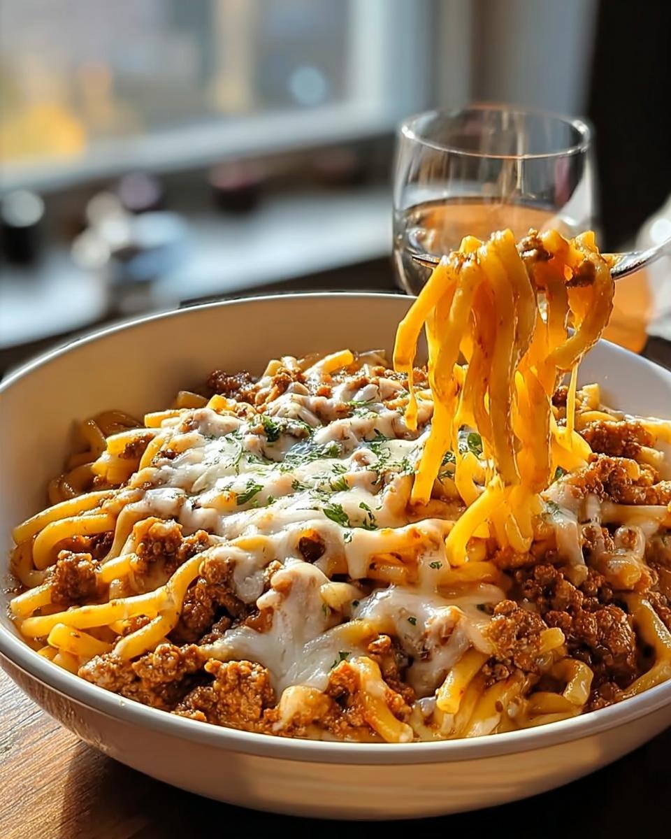 Nahaufnahme einer Schüssel Cremige Hackfleisch-Nudelpfanne, bedeckt mit geschmolzenem Käse und Petersilie, wobei Nudeln hochgezogen werden.
