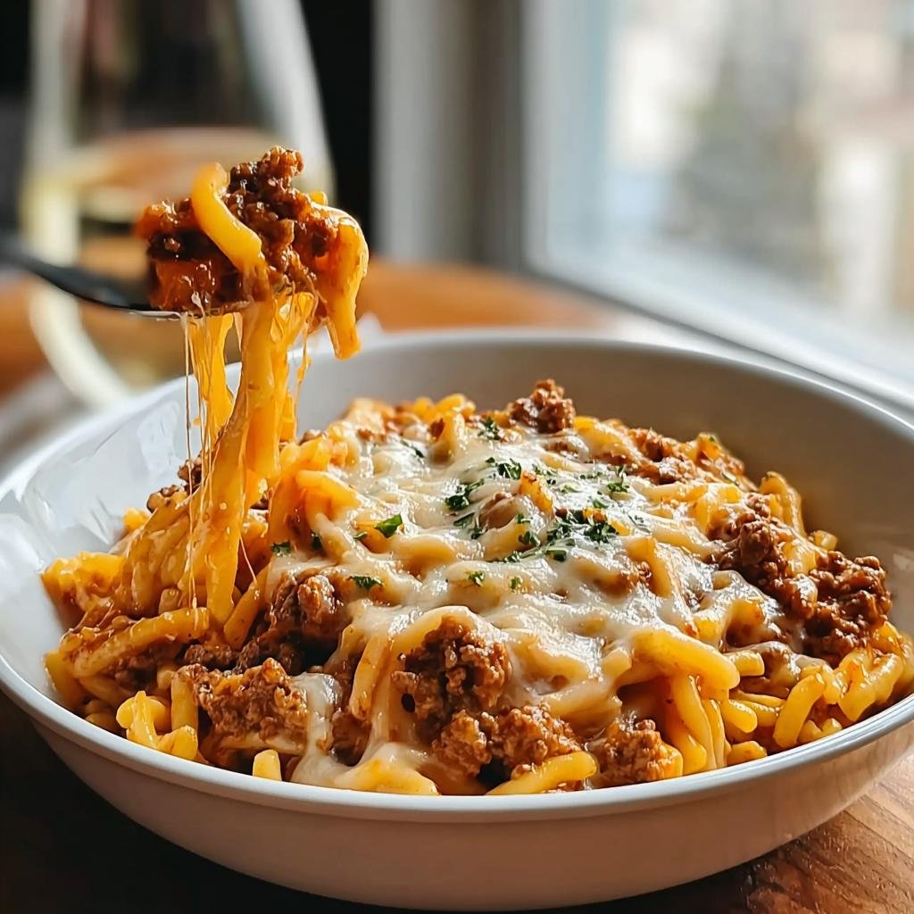 Eine Gabel zieht lange Käsefäden aus einer Schüssel Cremige Hackfleisch-Nudelpfanne, bedeckt mit geschmolzenem Käse.