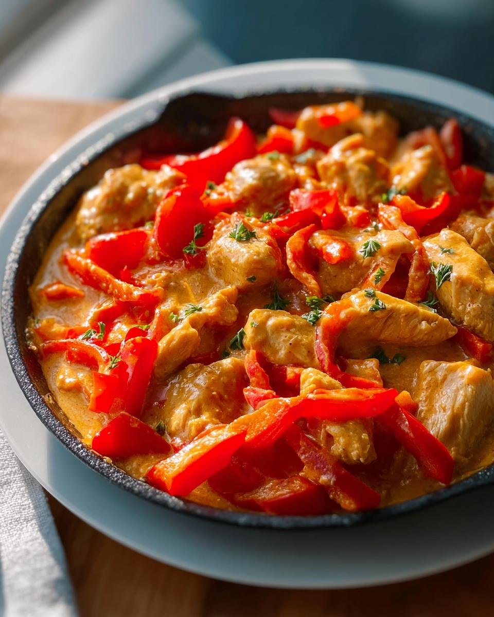 Nahaufnahme einer Cremige Paprika-Sahne-Hähnchenpfanne mit saftigen Hähnchenstücken und leuchtend roten Paprikastreifen in cremiger Sauce.