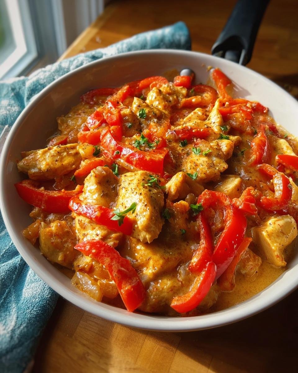 Nahaufnahme der Cremige Paprika-Sahne-Hähnchenpfanne mit saftigen Hähnchenstücken und roten Paprikastreifen in cremiger Soße.