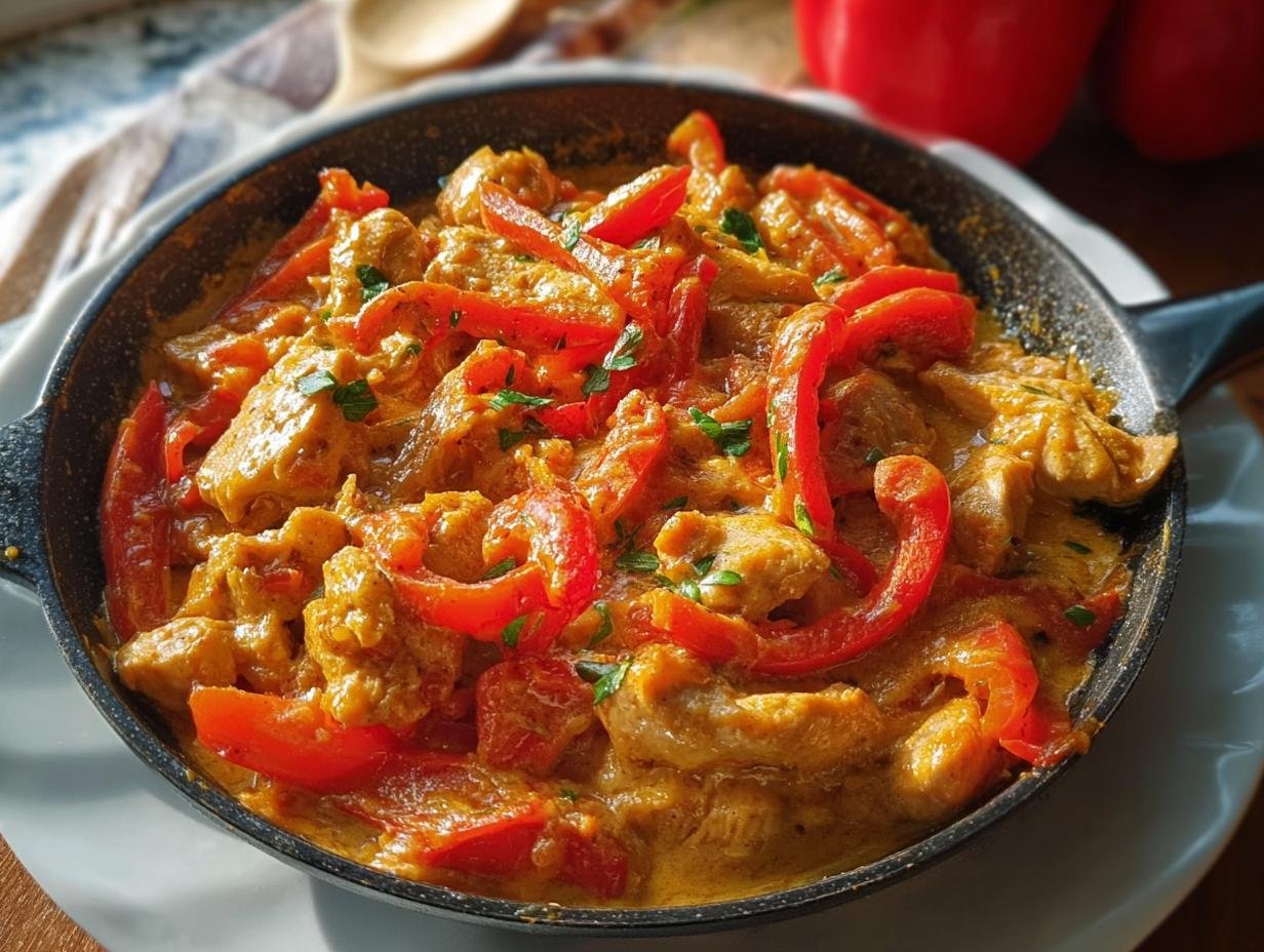 Nahaufnahme der Cremige Paprika-Sahne-Hähnchenpfanne mit viel roter Paprika in einer dunklen Pfanne.