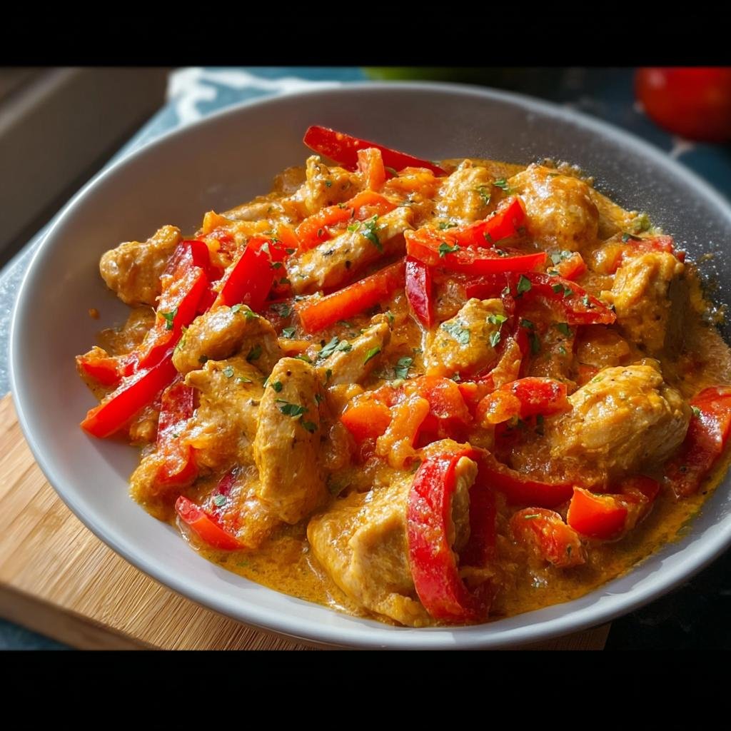 Nahaufnahme der Cremige Paprika-Sahne-Hähnchenpfanne mit viel roter Paprika in cremiger Sauce.