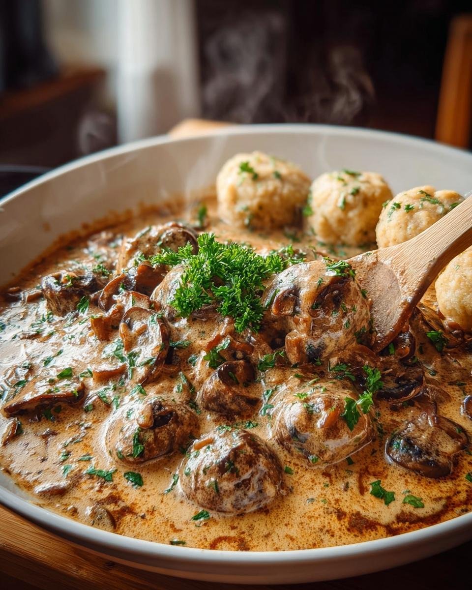 Dampfende Cremige Pilzpfanne mit Semmelknödeln, reichhaltig in einer weißen Schüssel mit Petersilie garniert.