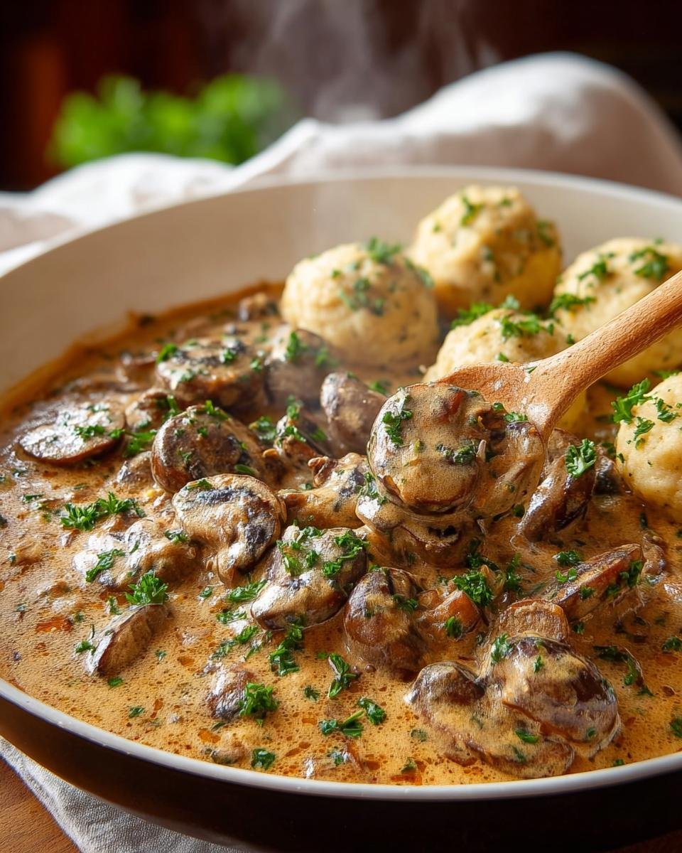Dampfende Cremige Pilzpfanne mit Semmelknödeln, reichlich Pilze in cremiger Soße mit Petersilie.