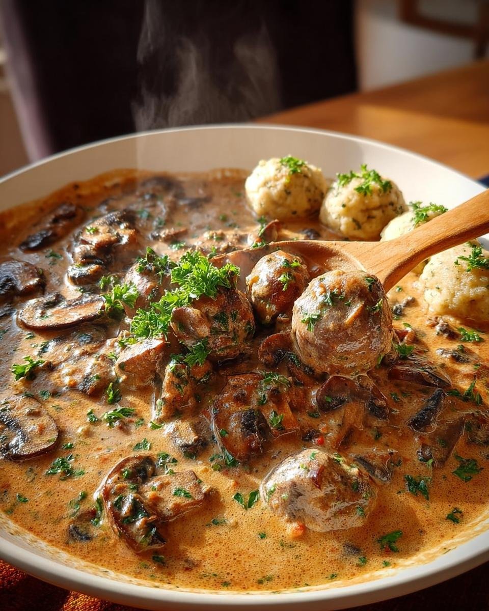 Nahaufnahme einer dampfenden Cremige Pilzpfanne mit Semmelknödeln, reichhaltig und mit Petersilie garniert.