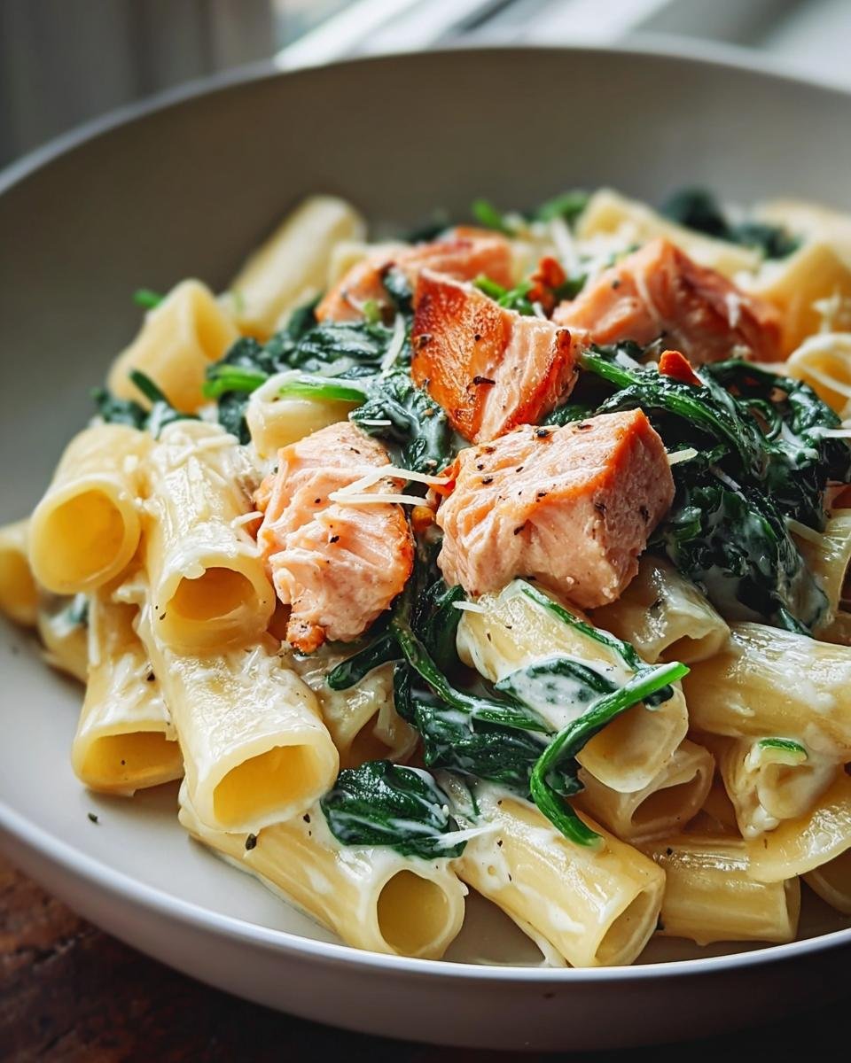 Nahaufnahme einer Schüssel Cremige Spinat-Lachs-Pasta mit großen Röhrennudeln, cremigem Spinat und Lachsfiletstücken.