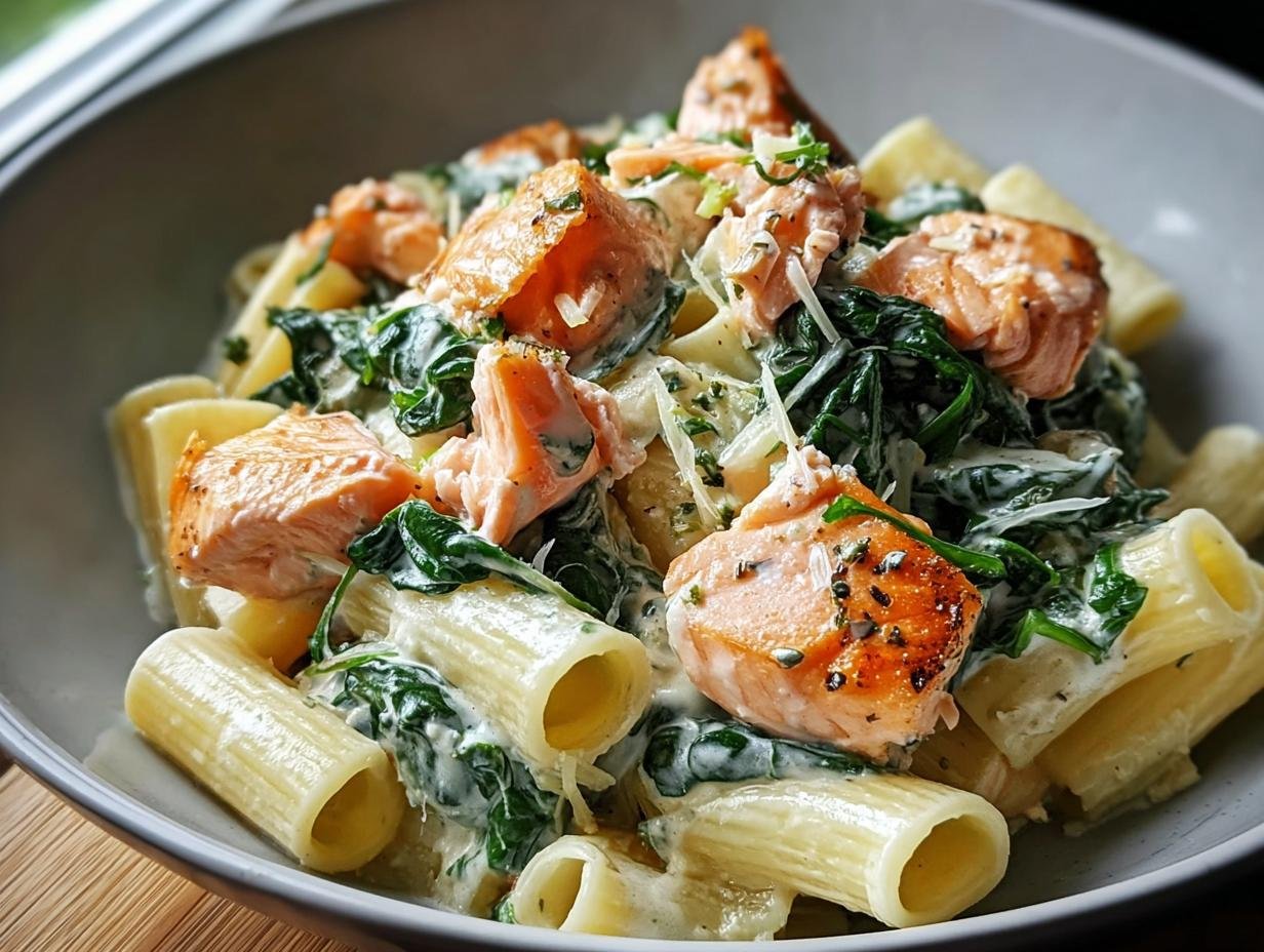 Nahaufnahme einer Schüssel mit Cremige Spinat-Lachs-Pasta, belegt mit Lachsfiletstücken und Spinat in cremiger Soße.