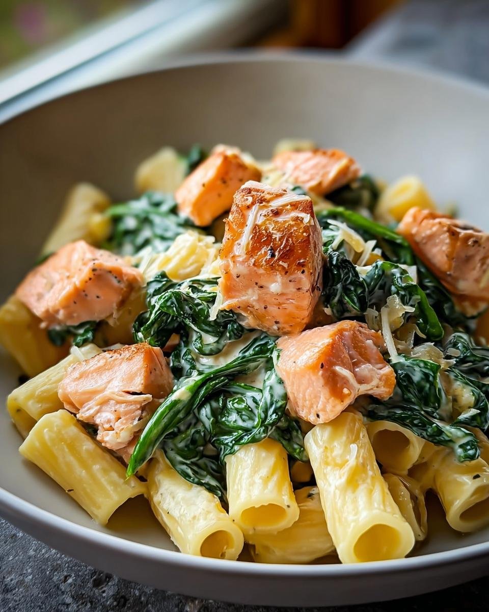 Nahaufnahme einer Schüssel Cremige Spinat-Lachs-Pasta mit großen Rigatoni, cremigem Spinat und Lachs-Stücken.