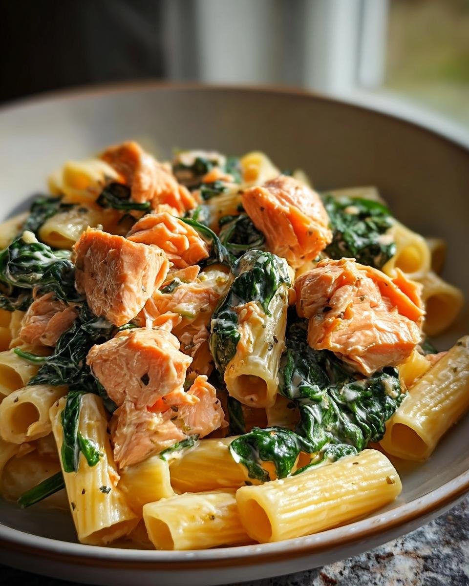 Nahaufnahme einer Schüssel mit Cremige Spinat-Lachs-Pasta, bestehend aus Rigatoni, cremigem Spinat und großen Stücken Lachs.