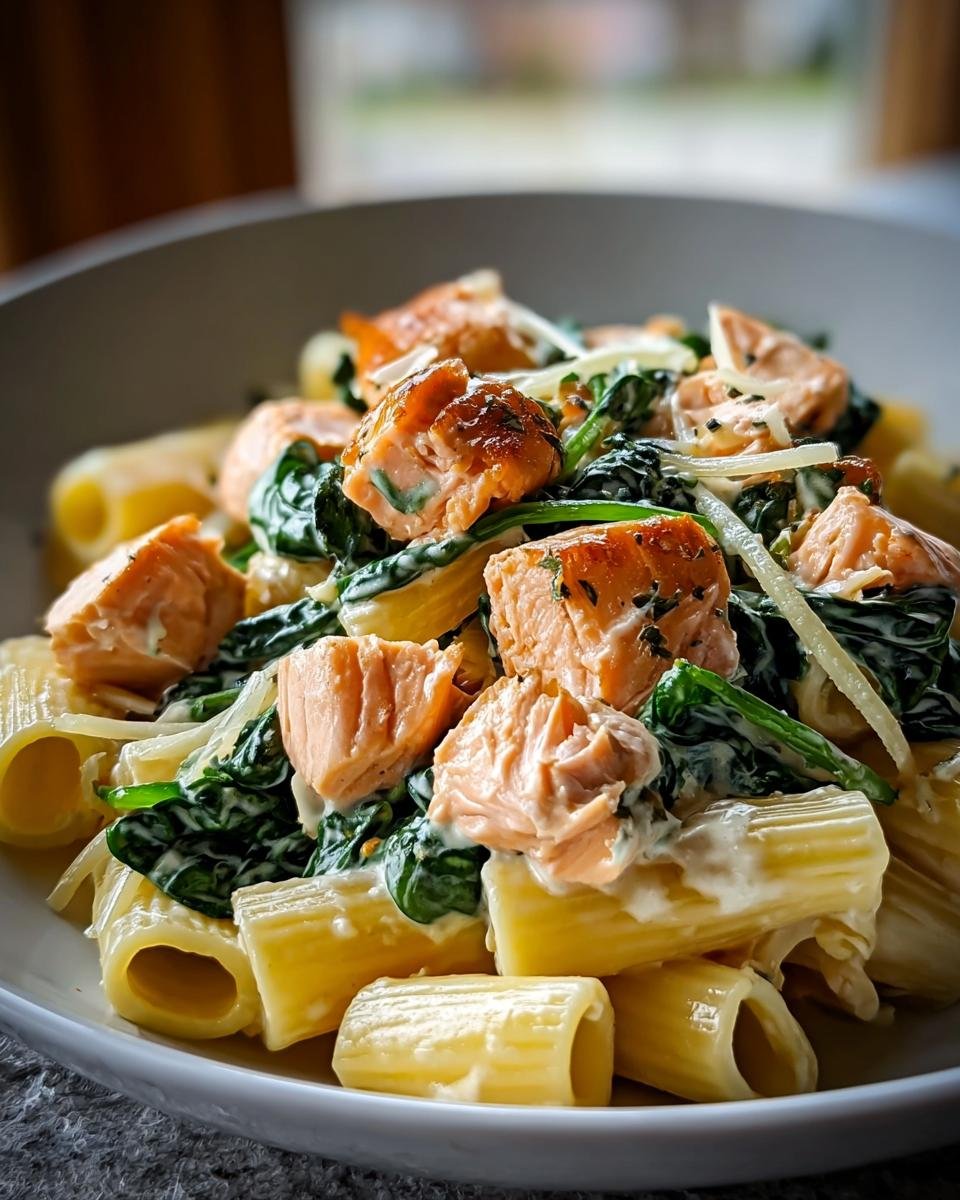 Nahaufnahme von Cremige Spinat-Lachs-Pasta mit großen Rigatoni-Nudeln, cremigem Spinat und Lachsfiletstücken.