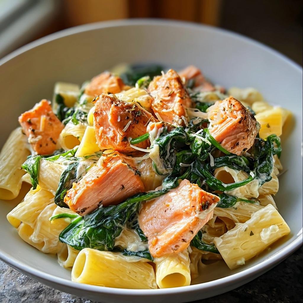 Nahaufnahme einer Schüssel mit Cremige Spinat-Lachs-Pasta, belegt mit Lachs-Stücken und Spinat.