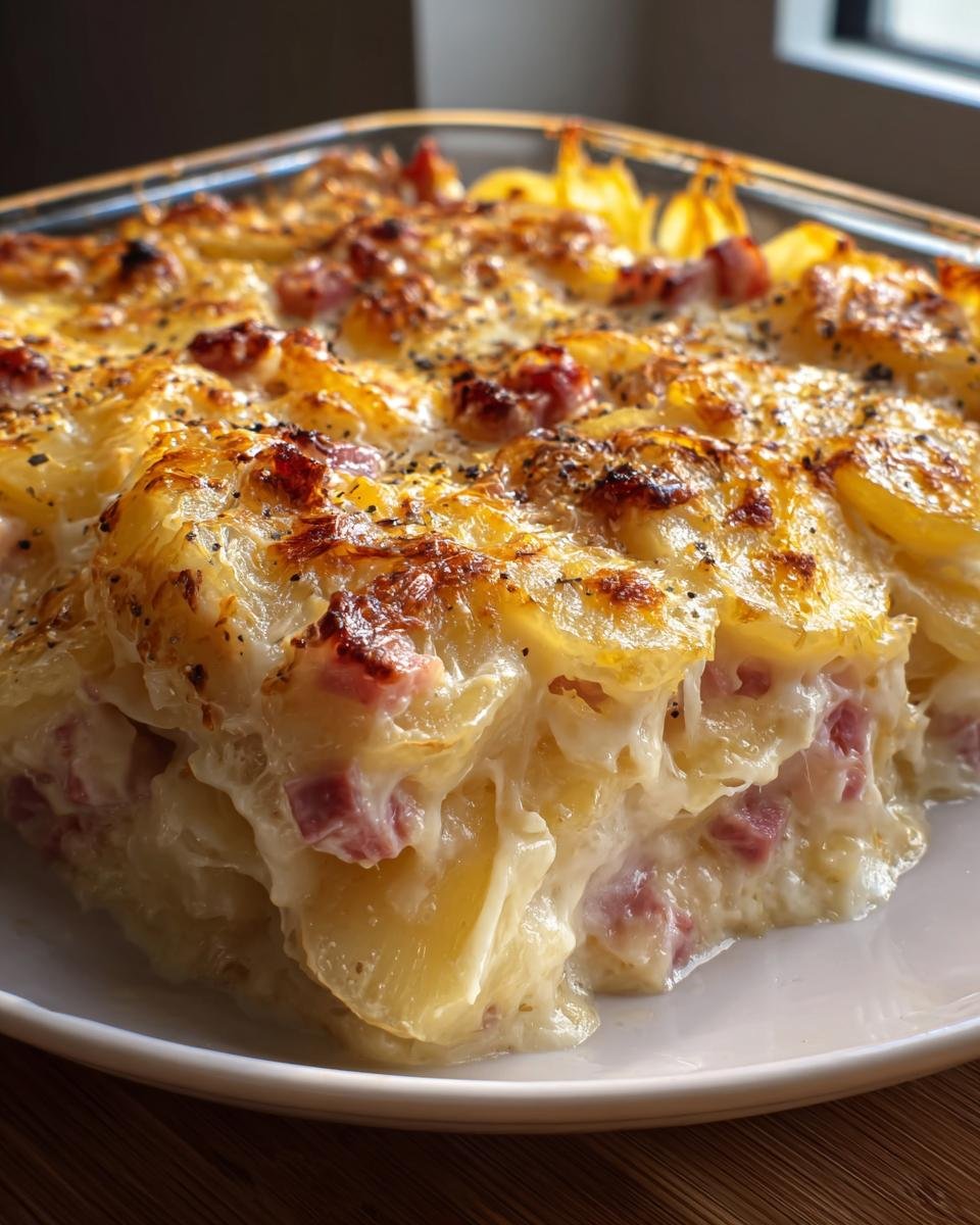 Ein cremiges Kartoffelgratin mit Schinken und Käse, das auf einem weißen Teller angeschnitten serviert wird.