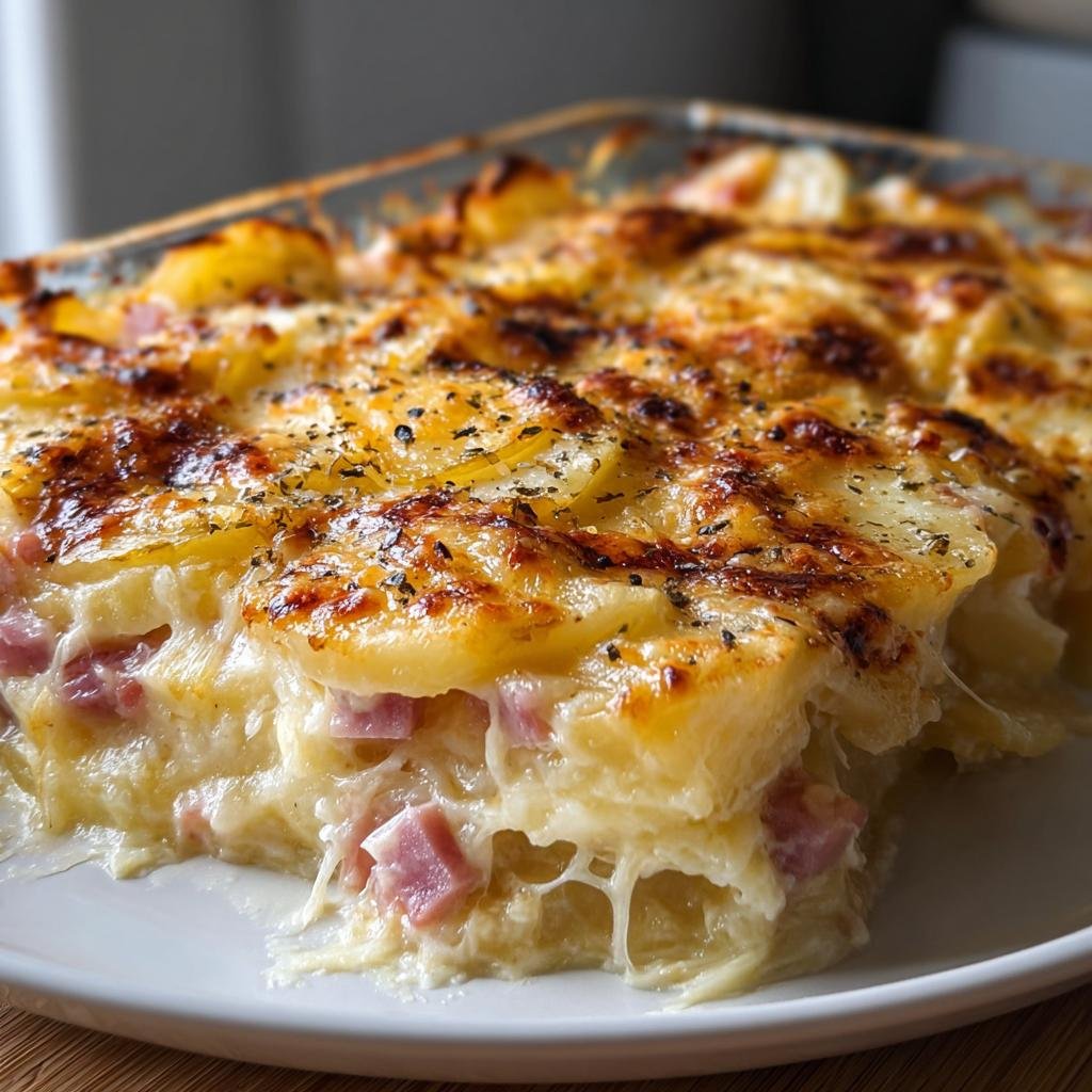 Ein Stück Cremiges Kartoffelgratin mit Schinken & Käse auf einem Teller, mit goldbrauner Kruste und geschmolzenem Käse.
