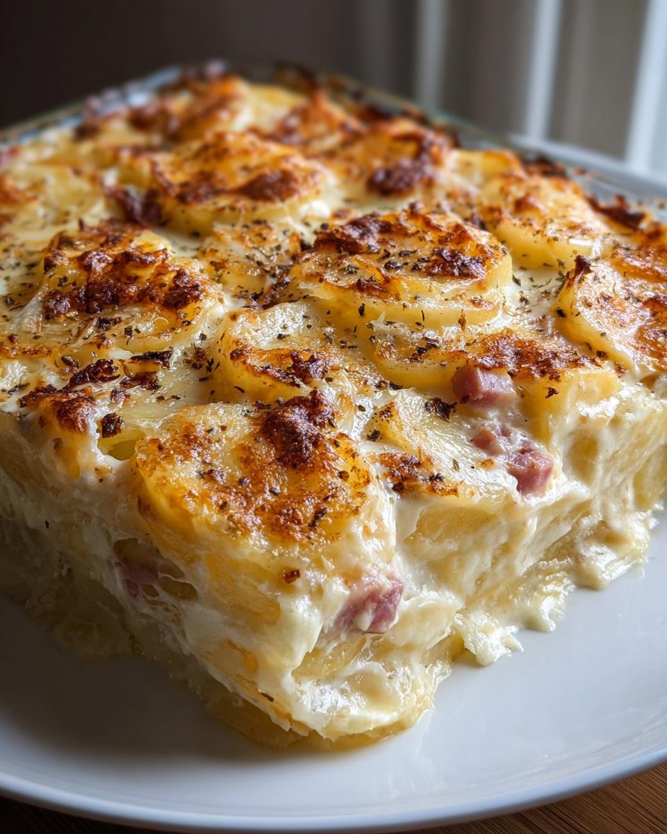 Ein angeschnittenes Stück Cremiges Kartoffelgratin mit Schinken & Käse, mit goldbraun gebackener Oberfläche.