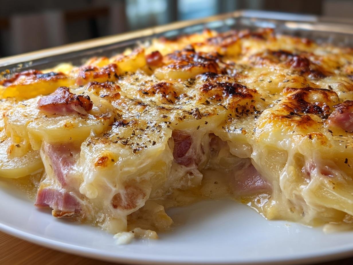 Ein cremiges Kartoffelgratin mit Schinken und Käse, das frisch aus dem Ofen kommt und goldbraun überbacken ist.