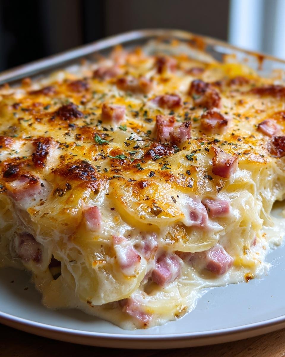 Nahaufnahme von Cremiges Kartoffelgratin mit Schinken & Käse mit goldbrauner Käsekruste und Kräutern.