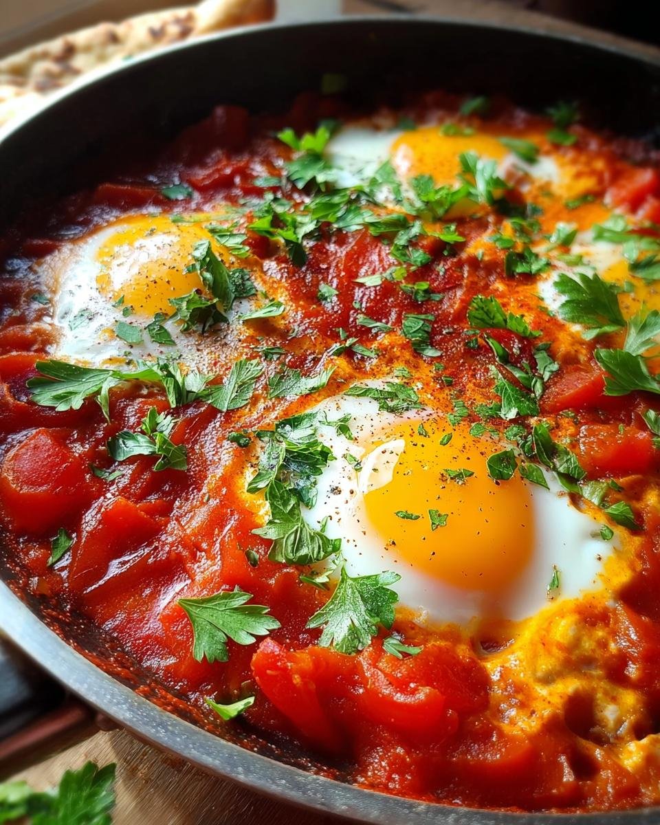 Nahaufnahme von frisch zubereitetem Shakshuka – Eier in würziger Tomatensauce, garniert mit Petersilie in einer Pfanne.