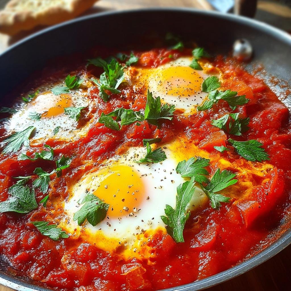 Nahaufnahme von köstlichem Shakshuka – Eier in würziger Tomatensauce, garniert mit Petersilie in einer Pfanne.